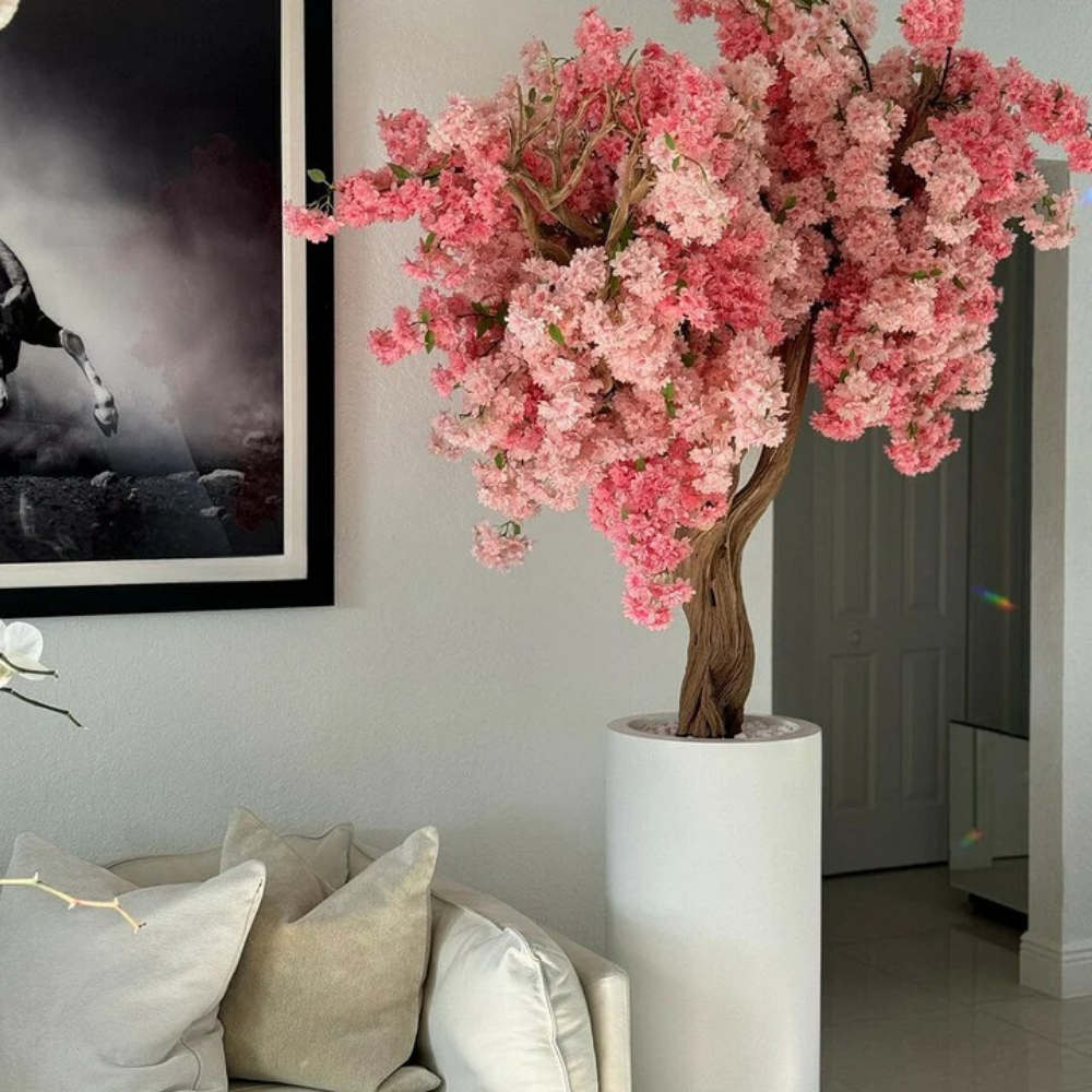 Pink Cherry Blossom Tree in Matte White Planter
