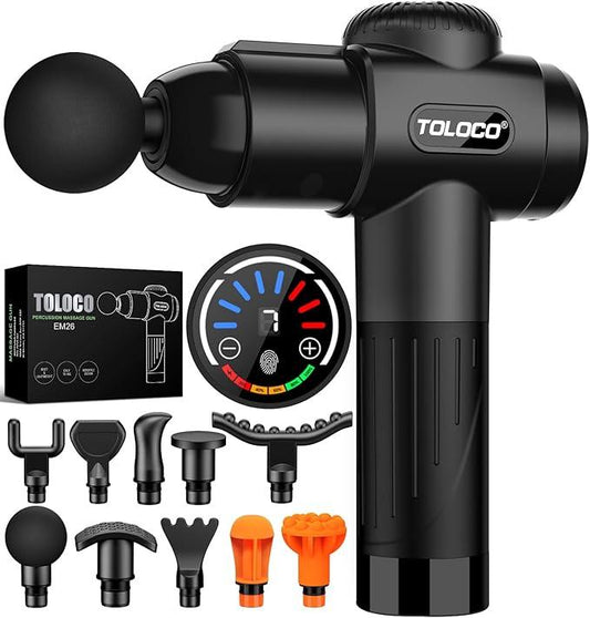 TOLOCO Massage Gun, Muscle Deep Tissue Massager with LED Display, 7 Speeds, Percussion Massage Gun with 10 Replacement Heads, Perfect Gift Relaxing Therapy