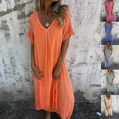 Linne- cotton and linen v neck midi dress