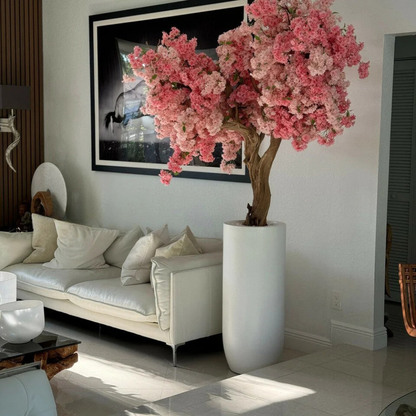 Pink Cherry Blossom Tree in Matte White Planter