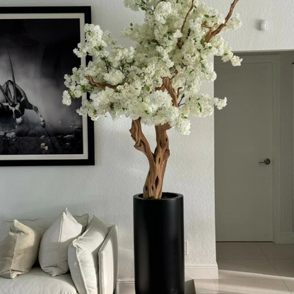 White Cherry Blossom Tree in Matte Black Planter