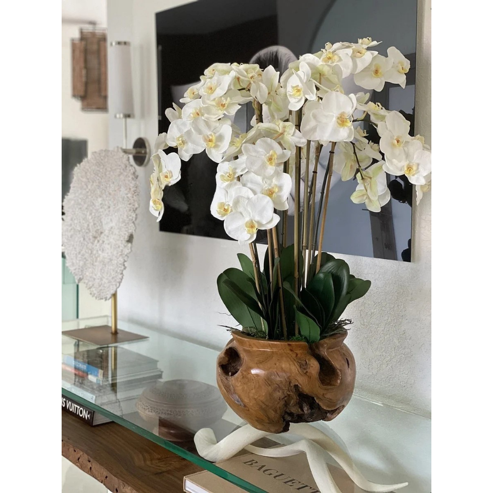 Teak Bowl with White Orchids