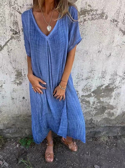 Linne- cotton and linen v neck midi dress