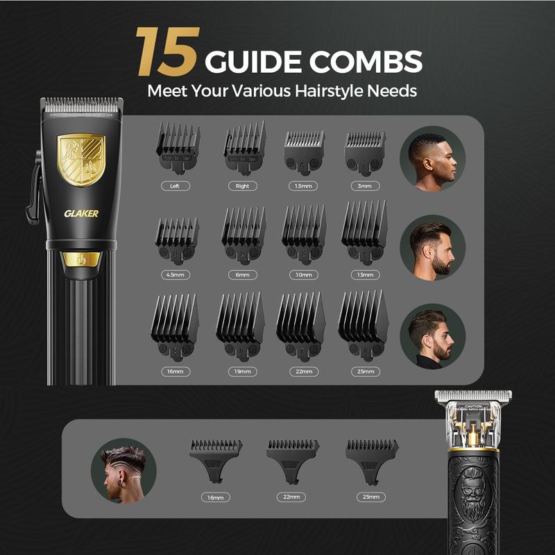 GLAKER Cordless Hair Clipper Kit – Hair Trimmer for Men, Sharp Blades, LED Display, 15 Guide Combs, Travel Case, and Storage Comfort