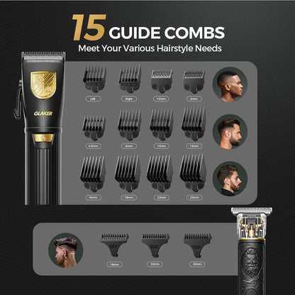 GLAKER Cordless Hair Clipper Kit – Hair Trimmer for Men, Sharp Blades, LED Display, 15 Guide Combs, Travel Case, and Storage Comfort