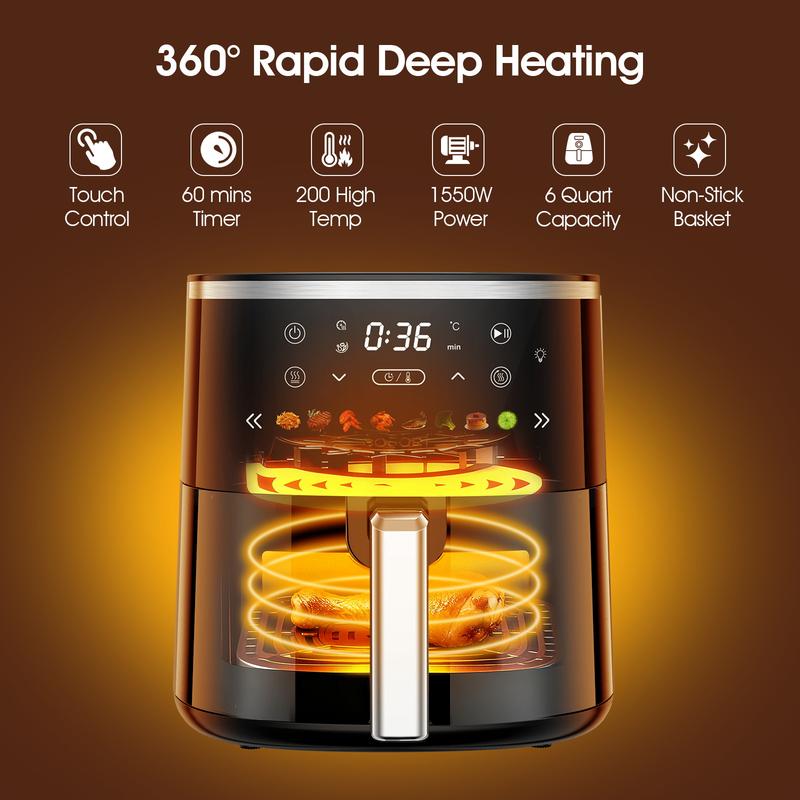 6QT Digital Air Fryer with Visible Window 8 Preset Functions Adjustable Temperature Timer 1550W Power for Crispy Fries Chicken & More