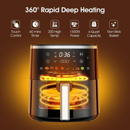 6QT Digital Air Fryer with Visible Window 8 Preset Functions Adjustable Temperature Timer 1550W Power for Crispy Fries Chicken & More