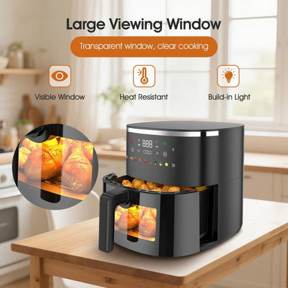 6QT Digital Air Fryer with Visible Window 8 Preset Functions Adjustable Temperature Timer 1550W Power for Crispy Fries Chicken & More