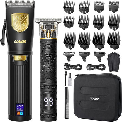 GLAKER Cordless Hair Clipper Kit – Hair Trimmer for Men, Sharp Blades, LED Display, 15 Guide Combs, Travel Case, and Storage Comfort