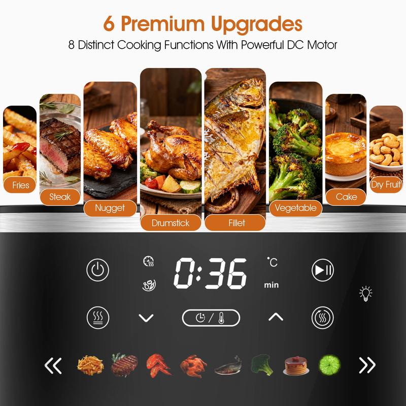 6QT Digital Air Fryer with Visible Window 8 Preset Functions Adjustable Temperature Timer 1550W Power for Crispy Fries Chicken & More