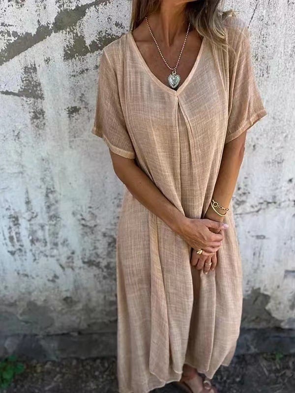 Linne- cotton and linen v neck midi dress
