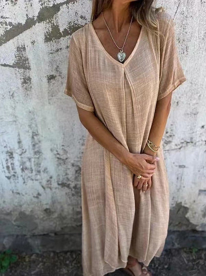 Linne- cotton and linen v neck midi dress