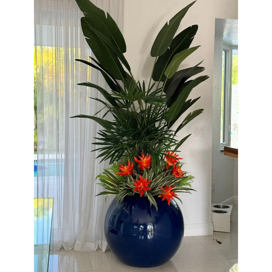 Tropical Mix Plants in Cobalt Blue Globe Planter