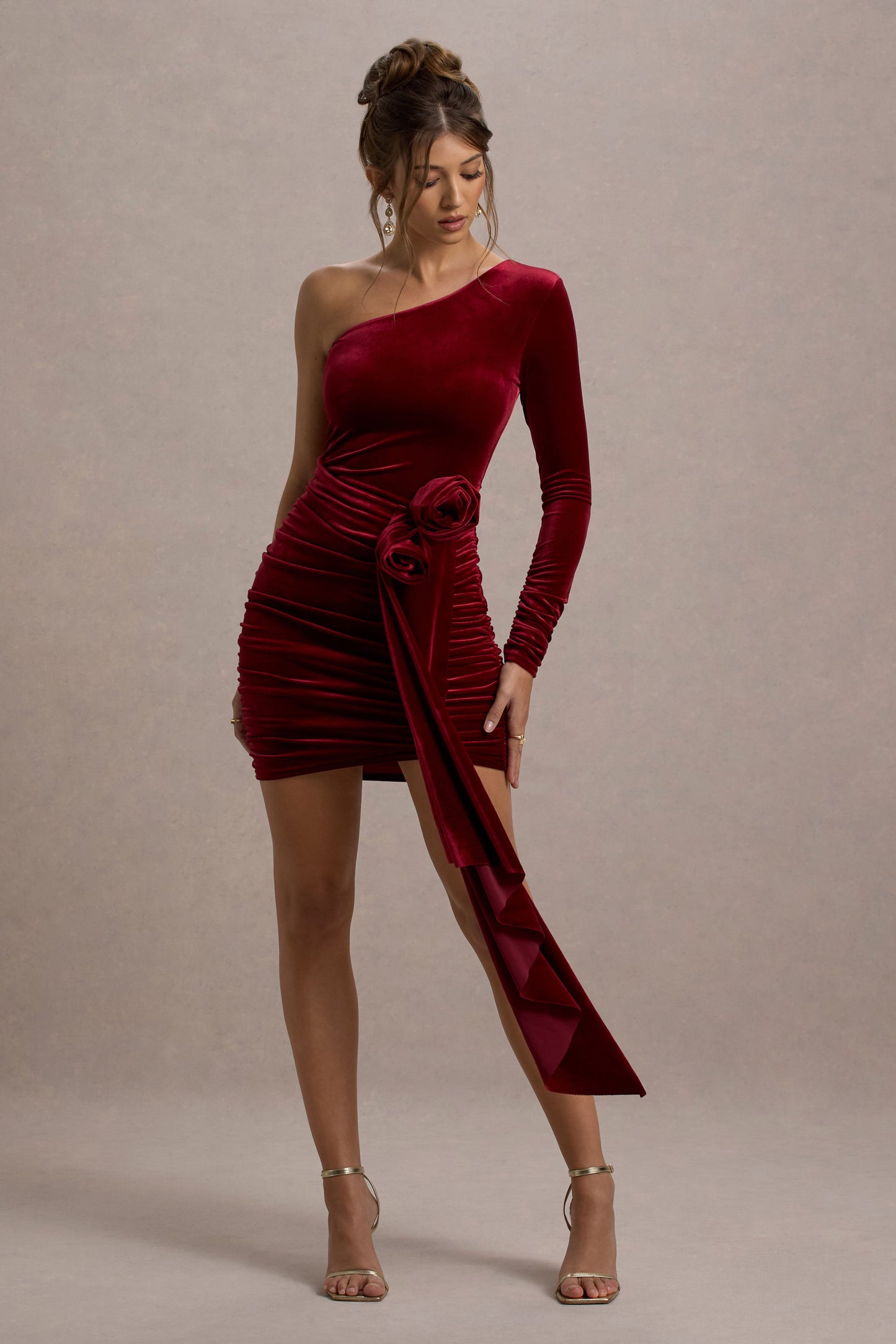 Saint Moritz | Berry Velvet One Sleeve Mini Dress With Flower Drape