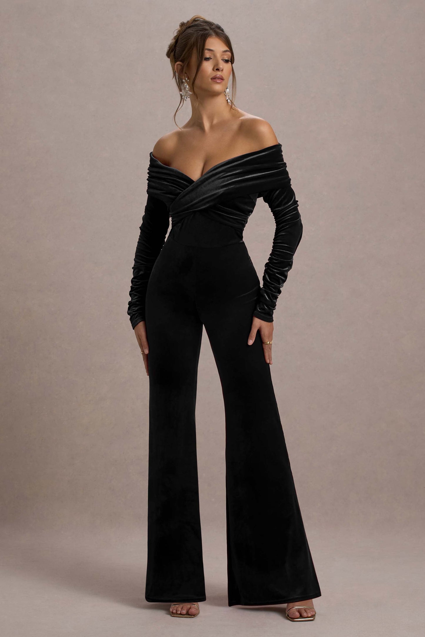 Borealis | Black Velvet Long-Sleeved Bardot Jumpsuit