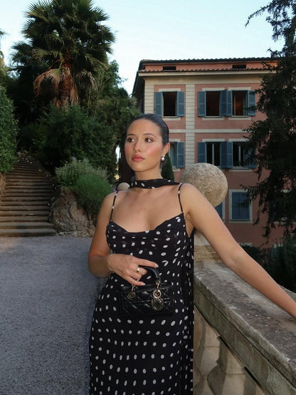 Black And Cream Polka Dot Ruffle Maxi Dress