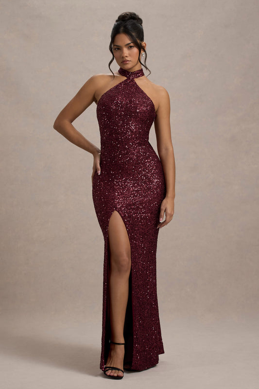 On The Rise | Berry Sequin High-Neck Strappy-Back Split Maxi Dress