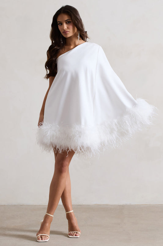 Epiphany | White One Shoulder Cape Sleeve Mini Dress With Feathers