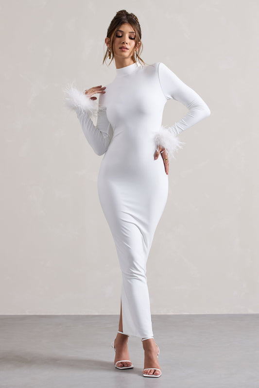 Khalia | White High-Neck Feather-Cuff Maxi Dress