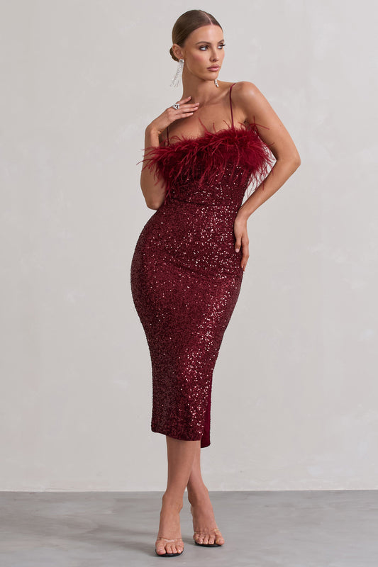 In Your Head | Plum Sequin Strappy Midi Dress With Feathers