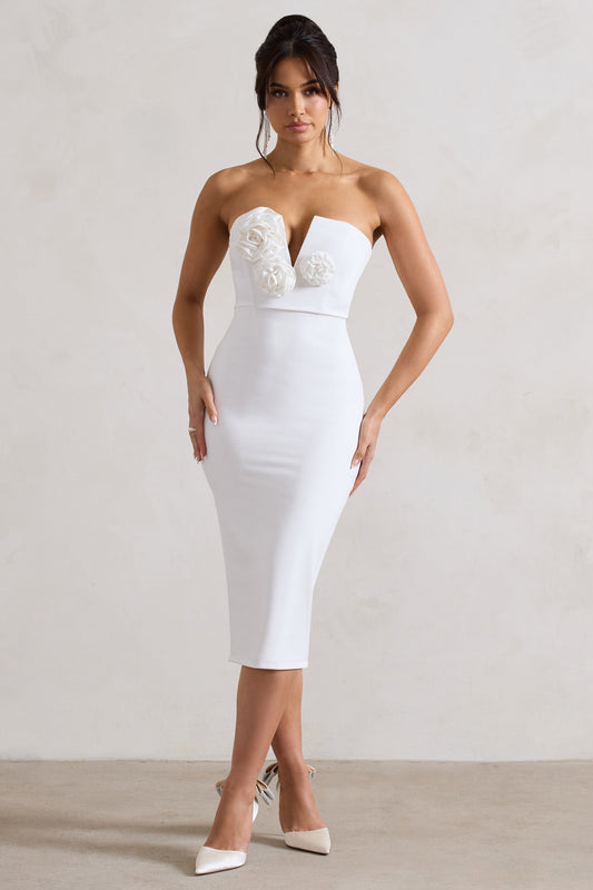 Fanciful | White Bodycon V-Neck Midi Dress With Flowers