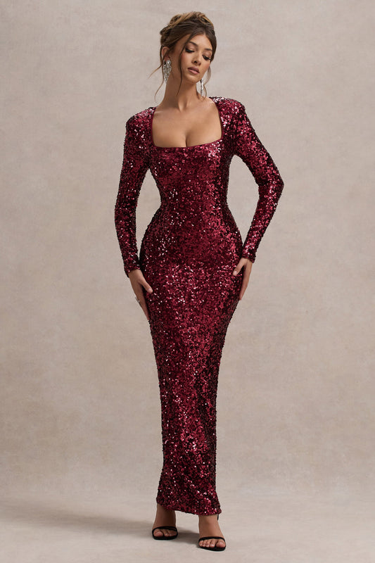 My Dream | Port Sequin Square-Neck Long-Sleeve Maxi Dress