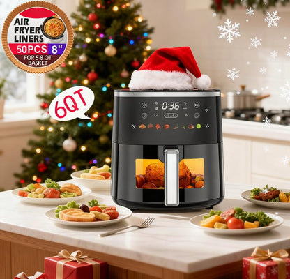 6QT Digital Air Fryer with Visible Window 8 Preset Functions Adjustable Temperature Timer 1550W Power for Crispy Fries Chicken & More