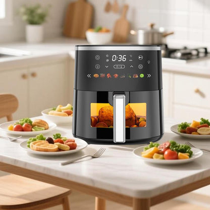 6QT Digital Air Fryer with Visible Window 8 Preset Functions Adjustable Temperature Timer 1550W Power for Crispy Fries Chicken & More