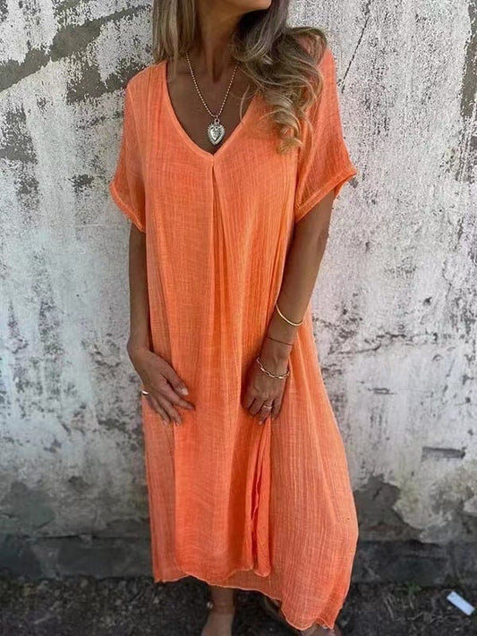 Linne- cotton and linen v neck midi dress