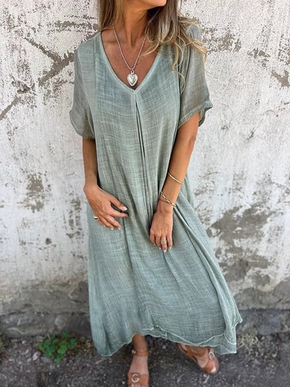 Linne- cotton and linen v neck midi dress