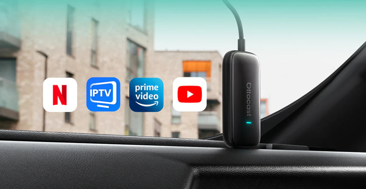 Play2Video Ultra 7” — Wireless Apple CarPlay & Android Auto Adapter with Built-in Touchscreen & Streaming Apps