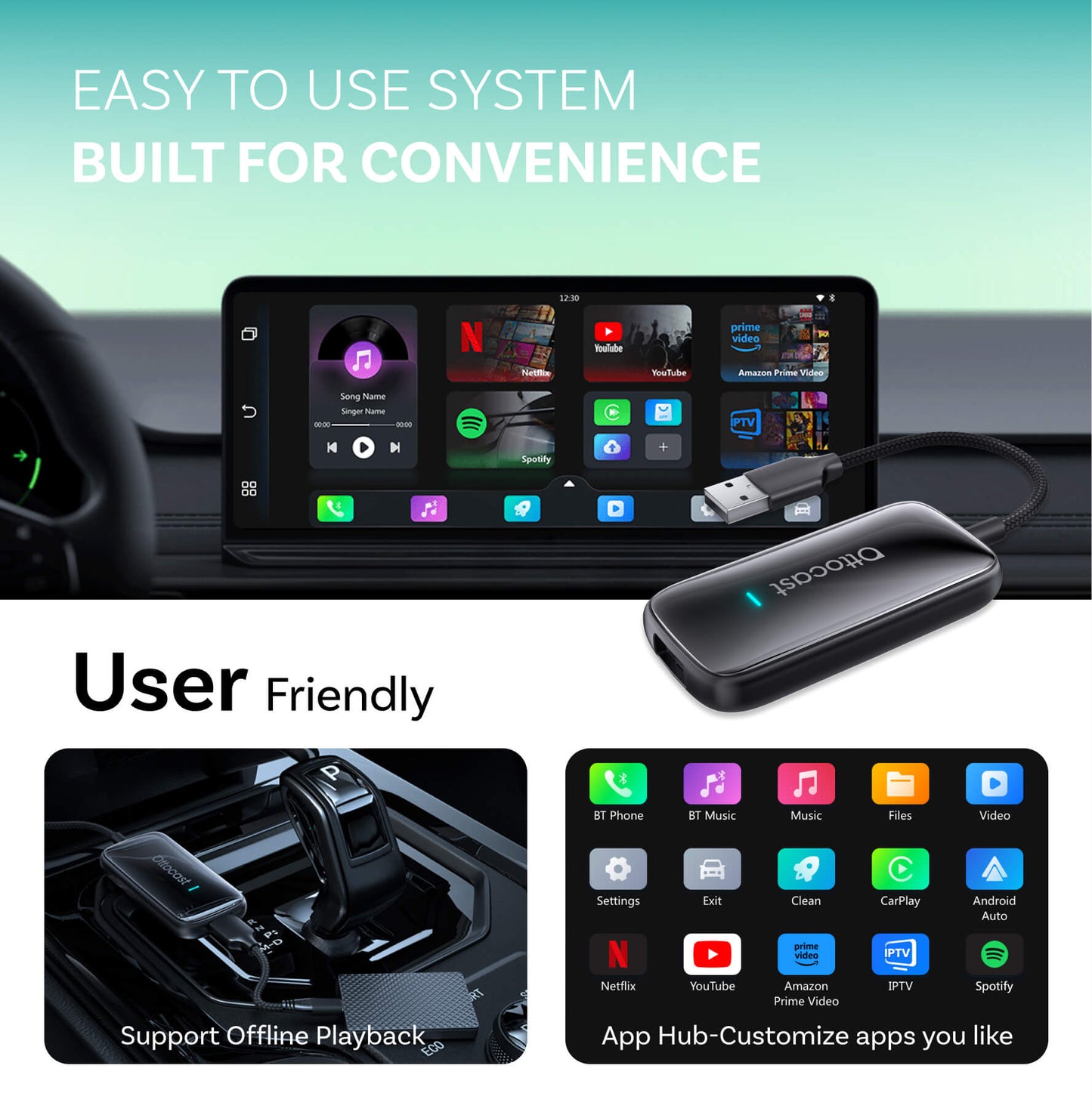 Play2Video Ultra 7” — Wireless Apple CarPlay & Android Auto Adapter with Built-in Touchscreen & Streaming Apps